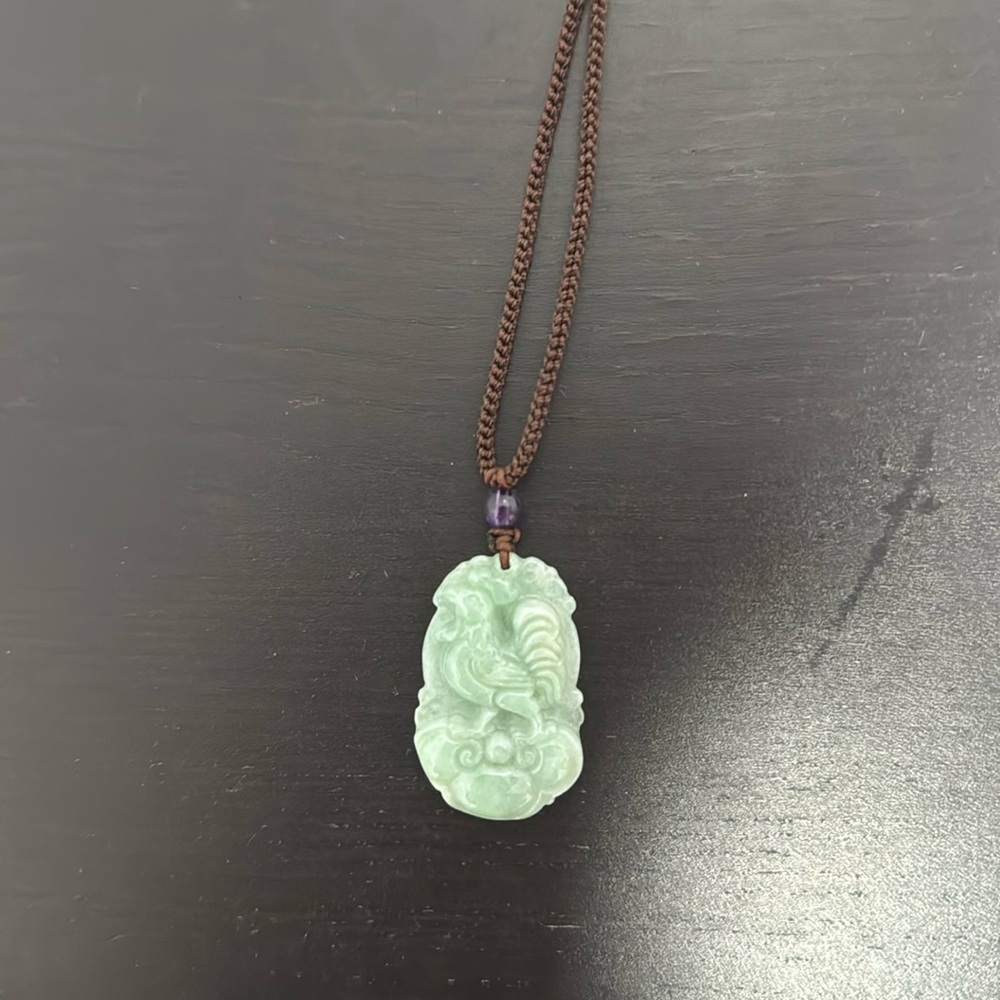 Rooster Icy Green “Shui” Water Jade Purple Water Pearl Cord Necklace